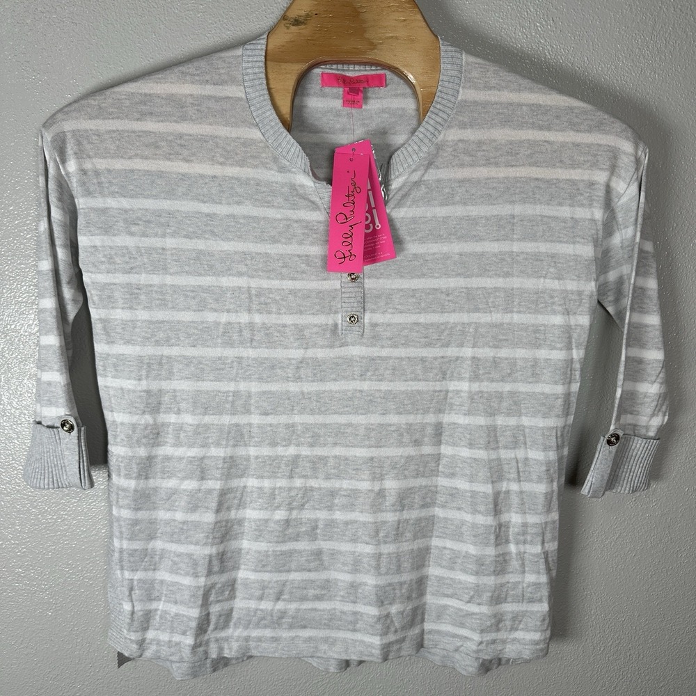 Lilly Pulitzer Faraway Sweater Size Small‎ Gray Stripe 3/4 Sleeve Henley Coolmax